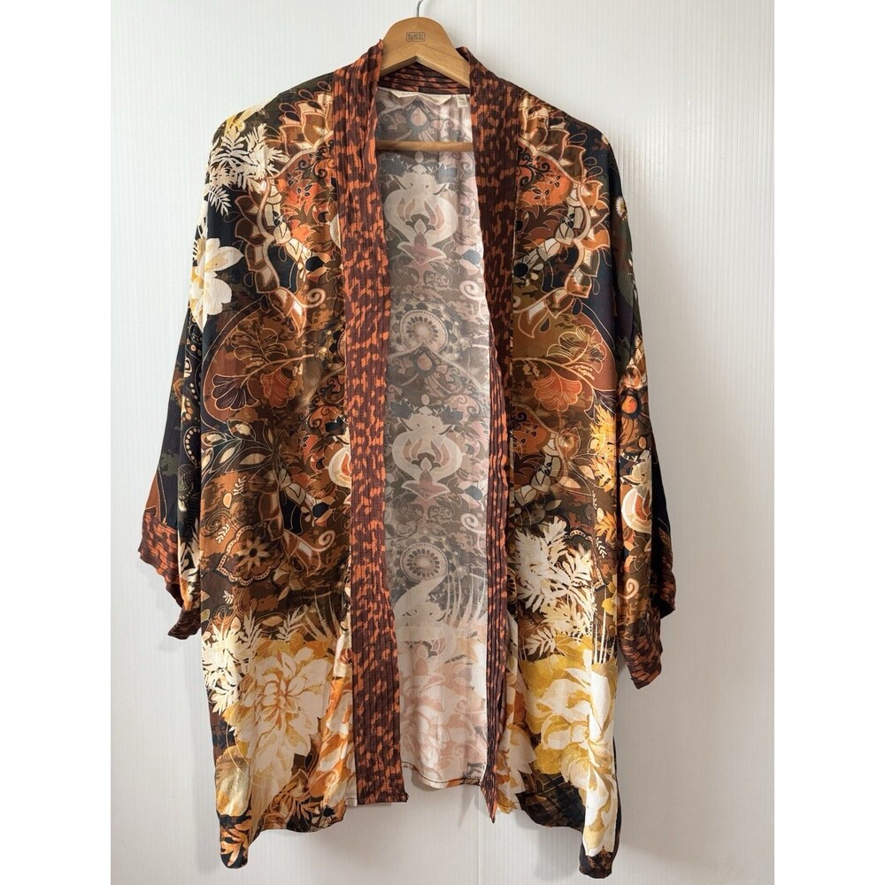 Soft Surroundings Cardigan Topper S/M Brown Ariah Kimono Sleeve Floral Print